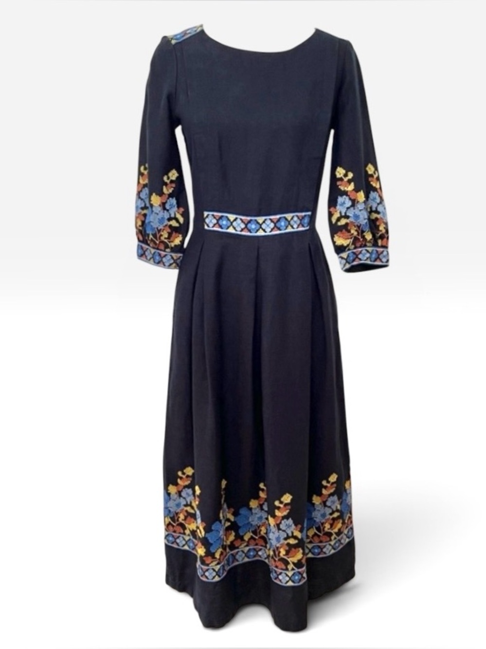 Linen Gallery Navy Blue Embroidered Midi Prairie Dress - Picture 1 of 16